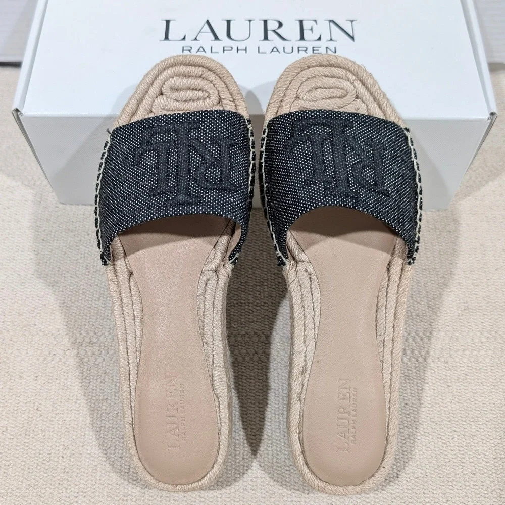 Lauren Ralph Lauren Polly Logo 2 Espadrille Slide Sandals Natural Black 7B NIB